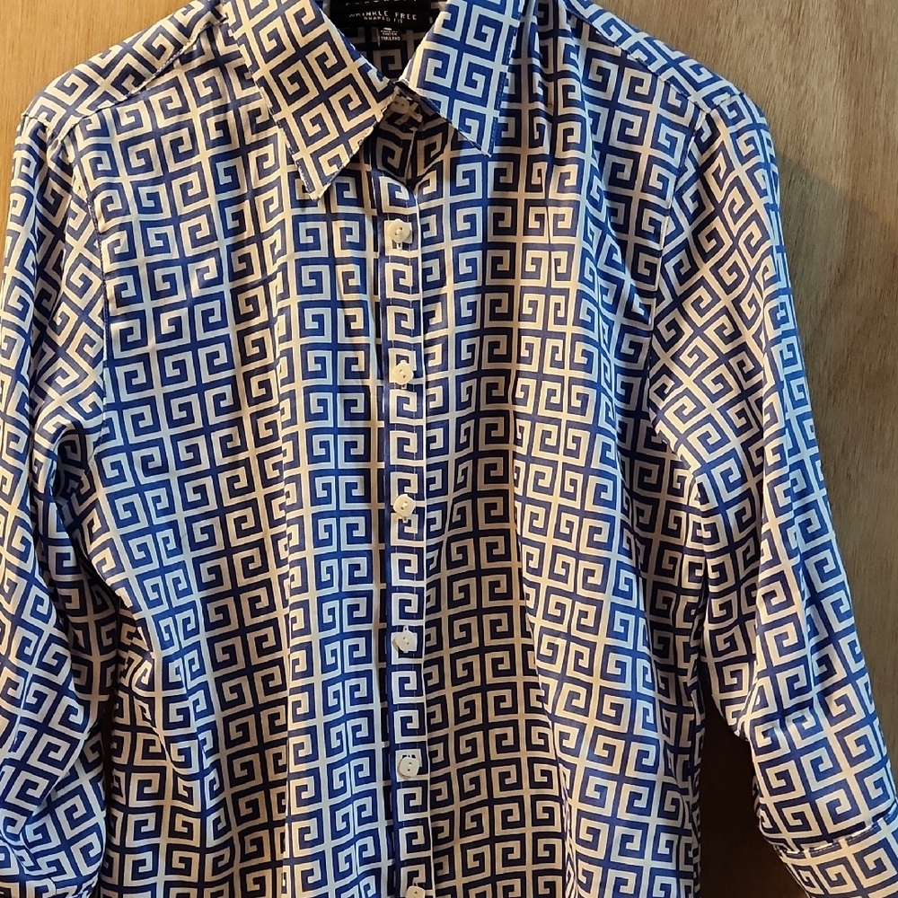 Foxcroft Blue and White Geometric Blouse